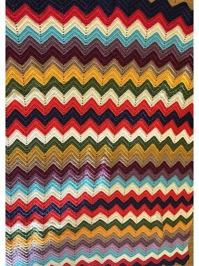 Vintage Afghan Crochet Handmade Chevron Zig Zag Granny Core Blanket 79” X 62”